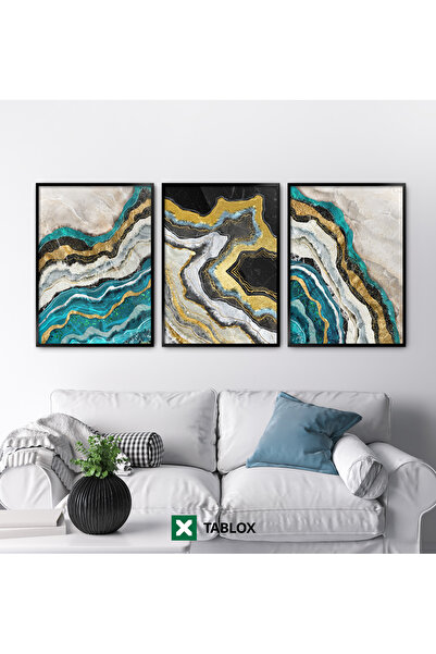 TABLOX Set de pictură MDF cu 3 piese, cu rame din lemn real, forme abstracte ...