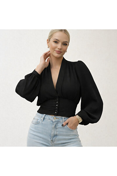 Kirazgym Women's Buttoned Balloon Sleeve Crop Blouse with Elastic Back - Black