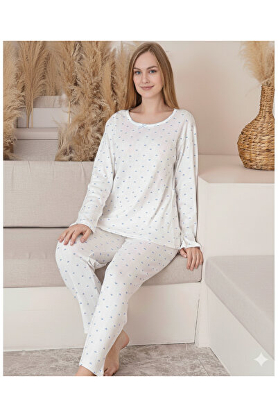 Sude Women's white pajamas with blue hearts and a bow at the neckline