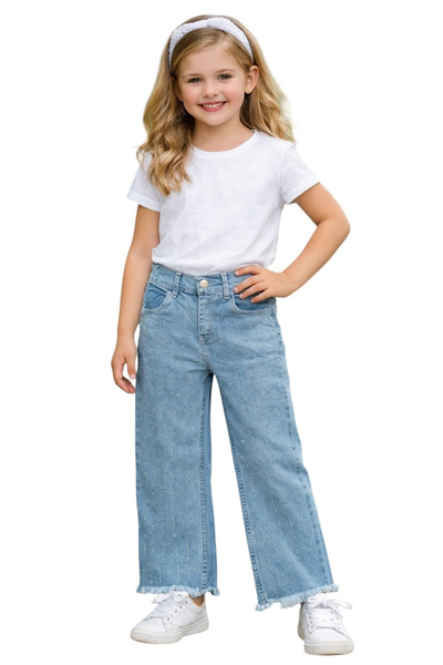 İrem Çocuk Giyim Girl's Stone Detailed Tasseled Model Wide Leg Blue Color Jeans
