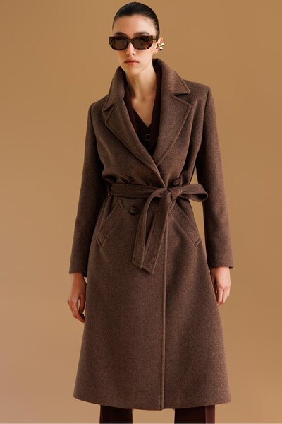 Moda İlgi Modailgi Belted Double-Breasted Four Button Coat Brown