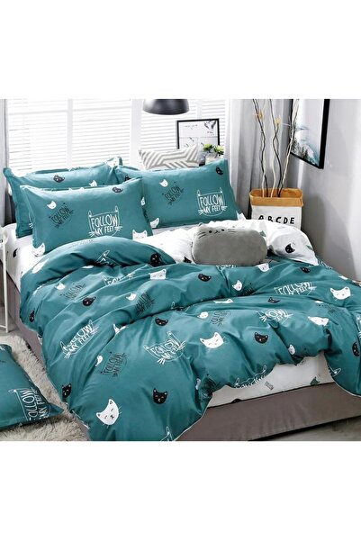 trendyhome Lenjerie Pat Dublu, 4 Piese, Bumbac Satinat, Pisicute, Turcoaz/Alb