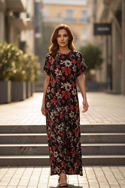 Mossta Crew Neck Floral Patterned Single Jersey Dress - Patterned