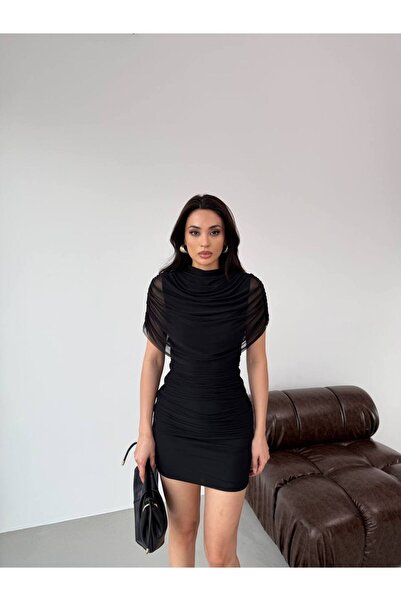 LOCH BUTİK Women's Black Dress with Drawstring Tulle Cape