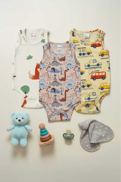 Fuar Baby 3-Pack 100% Cotton Multi-Colored Patterned Baby Boy Bodysuits - Sum...