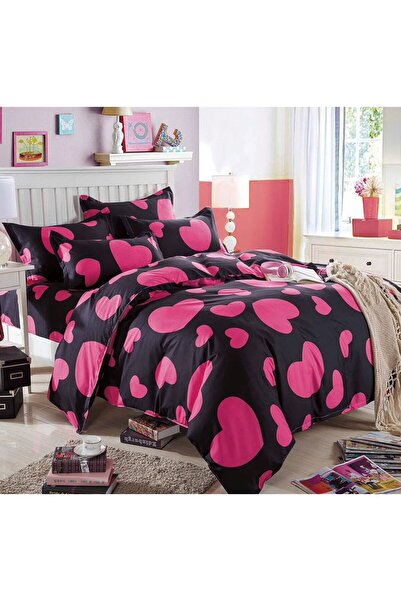trendyhome Double Bed Linen, 4 Pieces, Satin Cotton, Hearts, Pink/Black