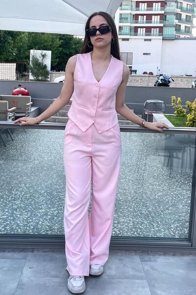 Gökkuşağı Çift Pileli Palazzo Kumaş Bol Paça Pantolon - Pembe PEMBE
