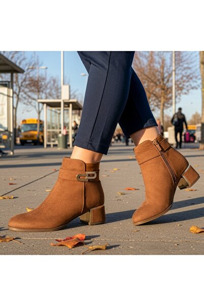 Modlet.ro Women's brown suede heeled ankle boots with metallic details MOD12877