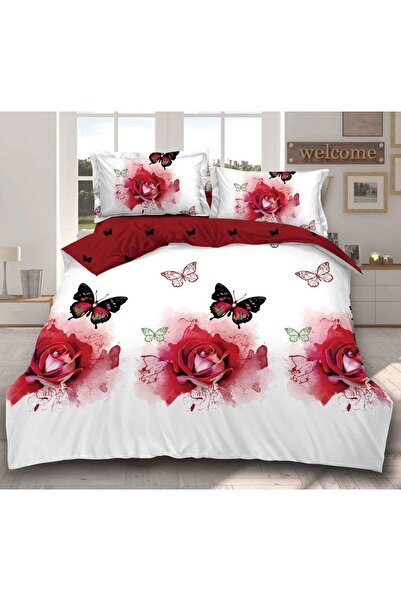 trendyhome Double Bed Linen, 4 Pieces, Satin Cotton, Butterflies and Roses, W...