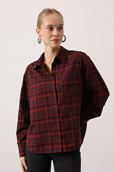 bayansepeti New Season Women's Plaid Oversized Women's Burgundy Color Shirt 3...