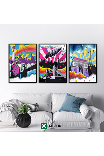 TABLOX 3 piese Ilustrație decorativă încadrată în lemn real Statuia Libertăți...