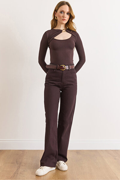 Olalook Women's Bitter Brown Dirty Stitching Wide Leg Denim Jeans Jea-19000127