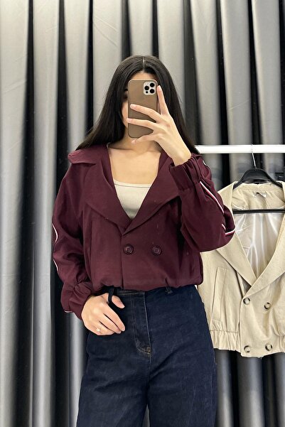 EGZOTİK ASORTİK جاكيت بتفاصيل شريطية وجزء سفلي مطاطي - أحمر كلاريت BORDO