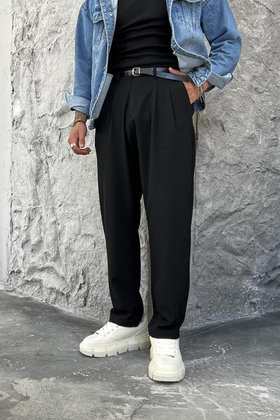 OUTFİT MAN Classic Wide Pleated Baggy Pants Black