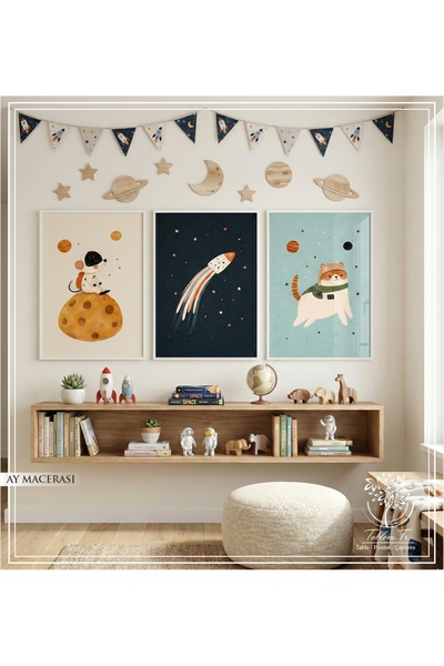 Tablomtr Ay Macerası - Dijital Baskılı Beyaz Metal Çerçeveli Gerçek Camlı 3'l...