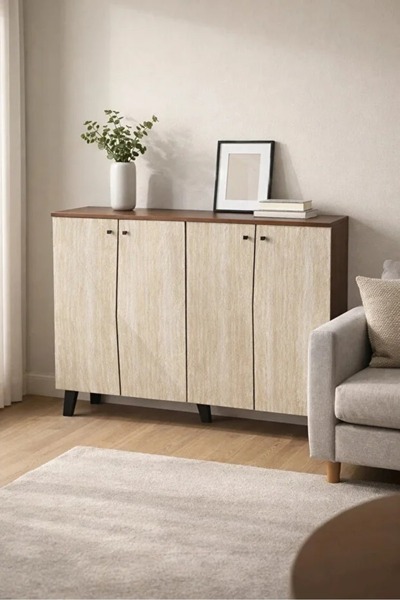 N.zone A shoe cabinet in dark brown and beige with a simple design, measuring...