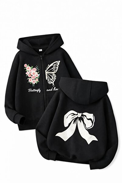 Baxia KıZ Çocuk BUTTERFLY BaskıLI Kapşonlu Hırka Sweatshirt FERMUARLI LACİVER...