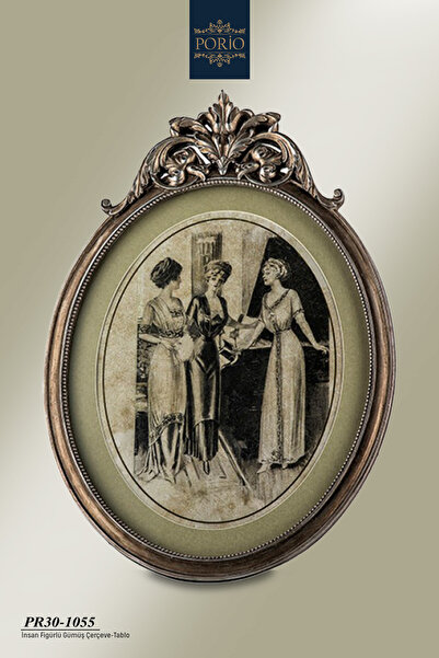 Porio Vintage Ahşap Görünümlü İnsan Figürlü 42*30 Dekoratif Gümüş Çerçeve Pan...