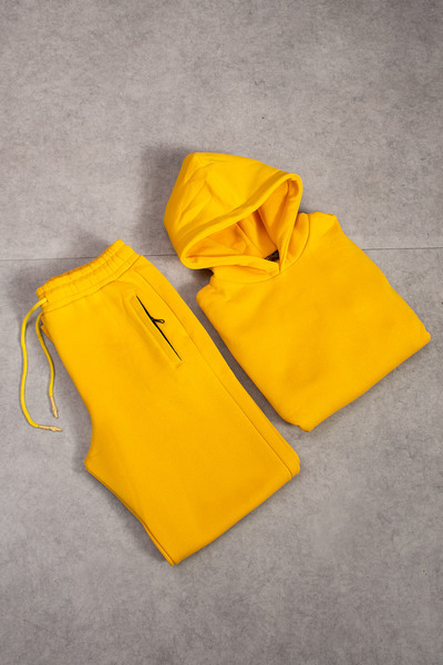 grand coco Men's Oversized 3 Thread Ş Fleece-Lined Yellow Tracksuit Set