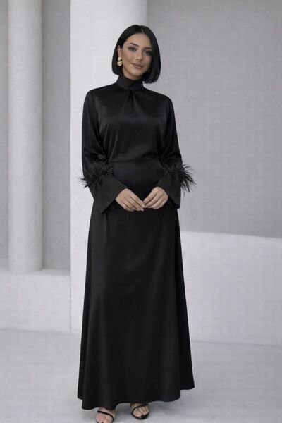 ALFUDO Moda Collection Mock Neck , Long Sleeve, Feather Detailed Evening Dress