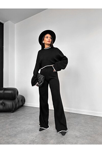 NEWCO Shepherd's Stitch Detailed Standard Top and Bottom Double Knitwear Set