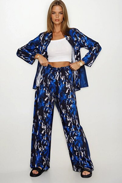 Trend Alaçatı Stili Women's Cobalt Patterned Oversized Shirt and Lace-Up Pala...