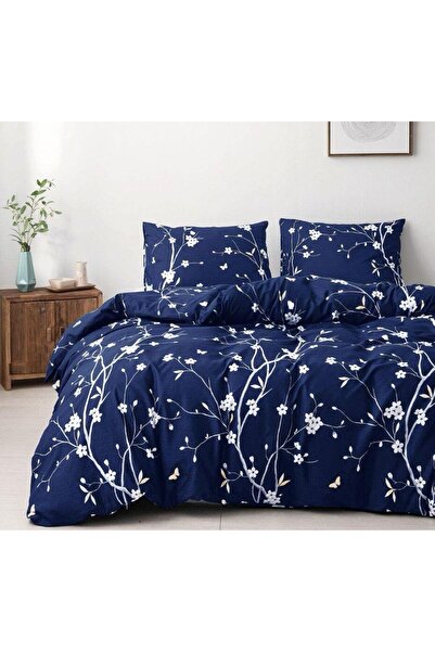 trendyhome Double Bed Linen, 4 Pieces, Fine Cotton, Twigs, Navy Blue