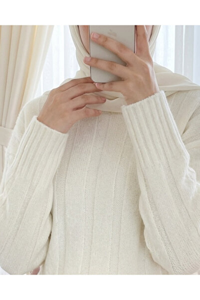Modamorfo Half-Throated Stripe Patterned Soft Knitwear Sweater -White