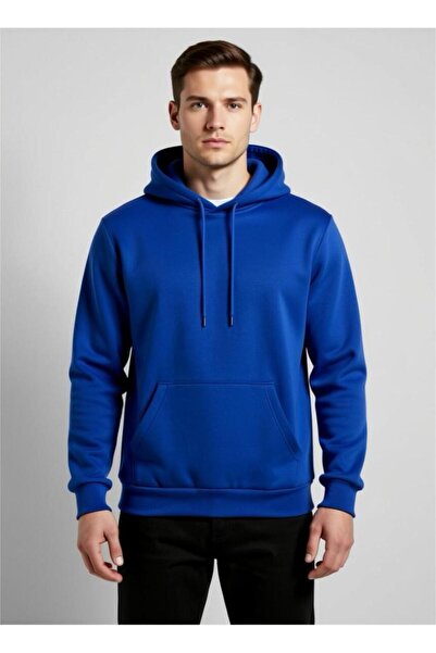 Kapüşonlu Saks Mavi Unisex Sweatshirt (%100 pamuk 3 iplik şardonlu)