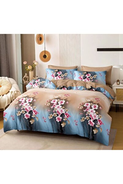 trendyhome Double Bed Linen, 4 Pieces, Satin Cotton, Poppies, Multicolor