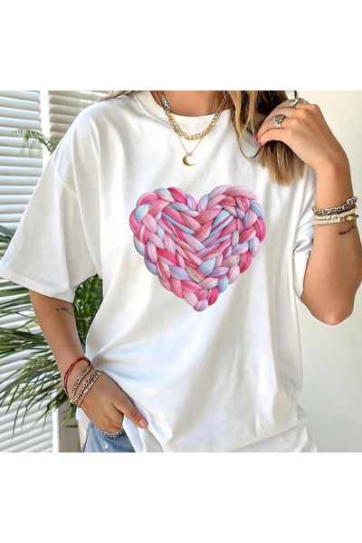 AEMİ Μπλουζάκι Unisex Πλεκτό με Καρδιές με τύπωμα oversized