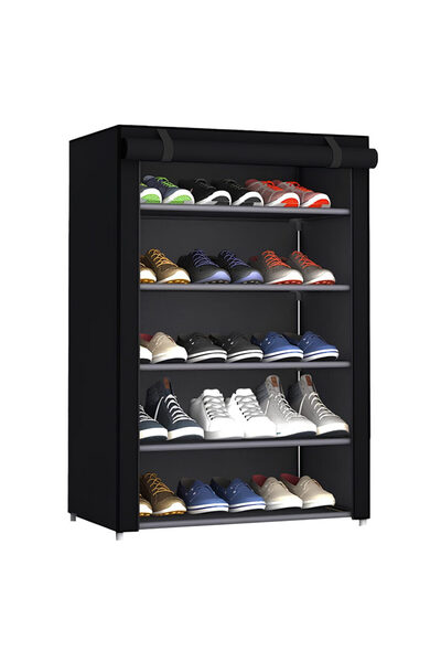 zola Shoe rack, 5 shelves, 3 side pockets, metal frame, textile material, black