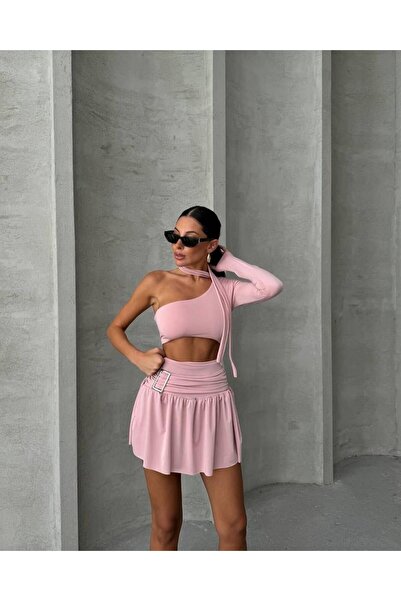 euro click One-Shoulder Detailed Skirted Two-Piece Dress