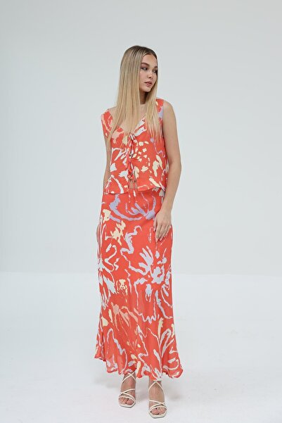 Trend Alaçatı Stili Women's Red Lace-Up Blouse and Skirt Set Vs00433