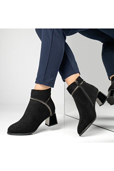 Modlet.ro Women's black suede heeled ankle boots with metallic details MOD12880