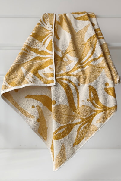 Sevim Leaf Pattern Yarn Dyed Mustard Bath Towel - High Water Absorbency, Soft...