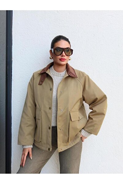 Shopping Shop Velvet Collar Jacket Coat Haki