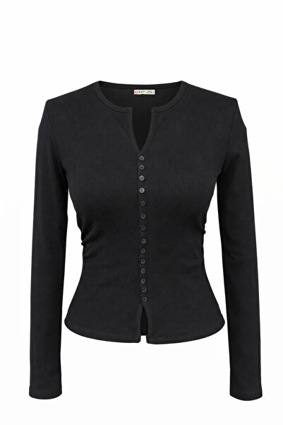 Mixray 2047 Γυναικεία μπλούζα με κουμπιά και λαιμόκοψη V, μαύρη