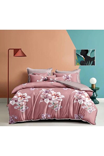 trendyhome Double Bed Linen, 4 Pieces, Satin Cotton, Poppies, Pink