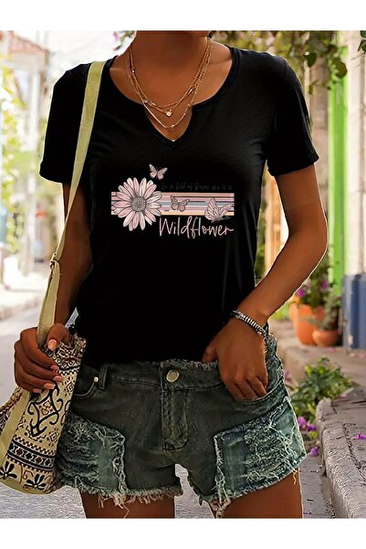 mercoledi Women's Wildflower Printed Half V-Neck Sleeves Regular Fit Casual T...