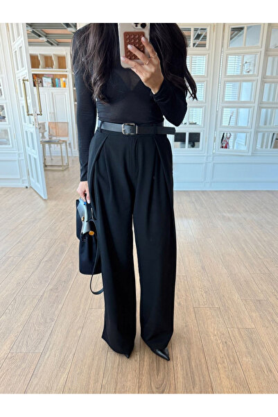 My Blog Black Pleated Waist Belted Wide Leg Pants with Side Pockets - 4073