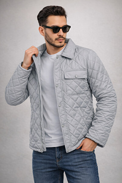 Polo State Men's Quilted Diamond Patterned Slim Fit Gray Coat Jacket