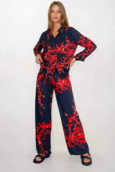 Trend Alaçatı Stili Women's Red-Black Patterned Oversized Shirt and Lace-Up P...