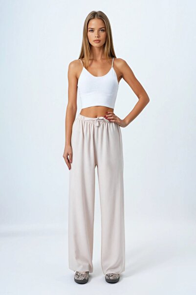 Trend Alaçatı Stili Women's Beige Lace-Up Elastic Waist Double Pocket Viscose...