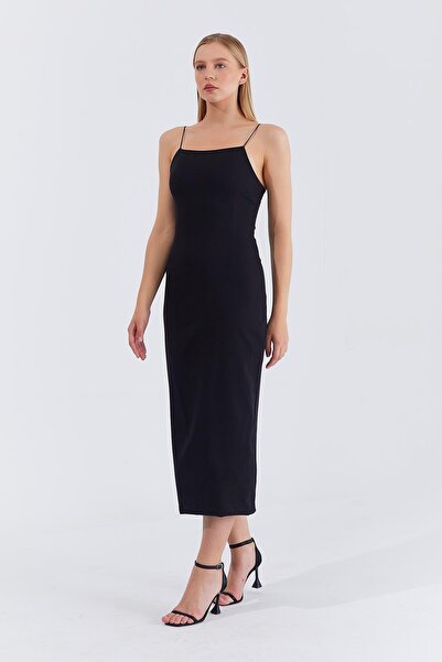 Trend Alaçatı Stili Rochie lungă neagră cu bretele pentru femei VS00425