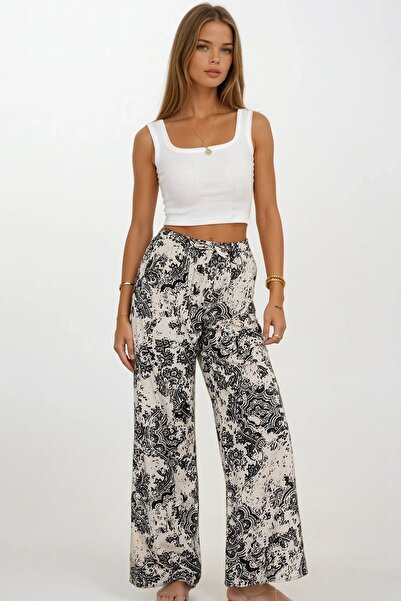 Trend Alaçatı Stili Women's Black-Beige Elastic Waist Lace-Up Patterned Visco...