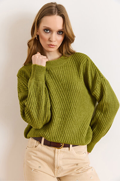 Olalook Women's Oil Green Crew Neck Geometric Patterned Knitwear Sweater Kzk-...