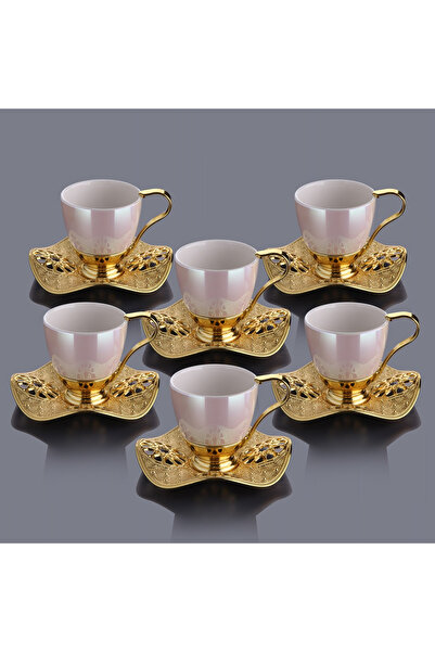 Generic Turkish Coffee Cup Set for 6 People with Gold Metal Saucers – Pearl F...