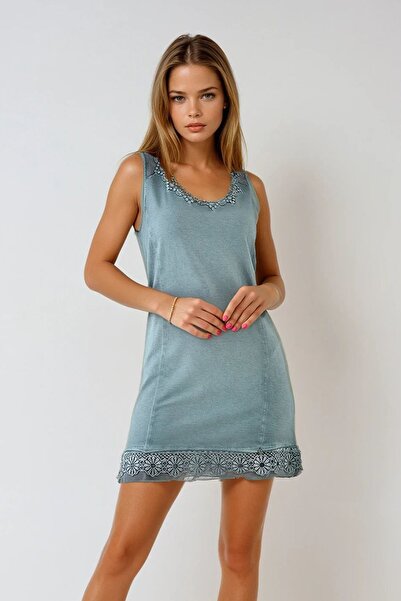 Trend Alaçatı Stili Women's Smoked Floral Lace Detailed Sleeveless U-Neck Min...