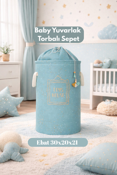 PONÇİK BEBEK Baby Yuvarlak Torbalı Sepet Bebek Kirli Sepeti Oyuncak Sepeti Dü...